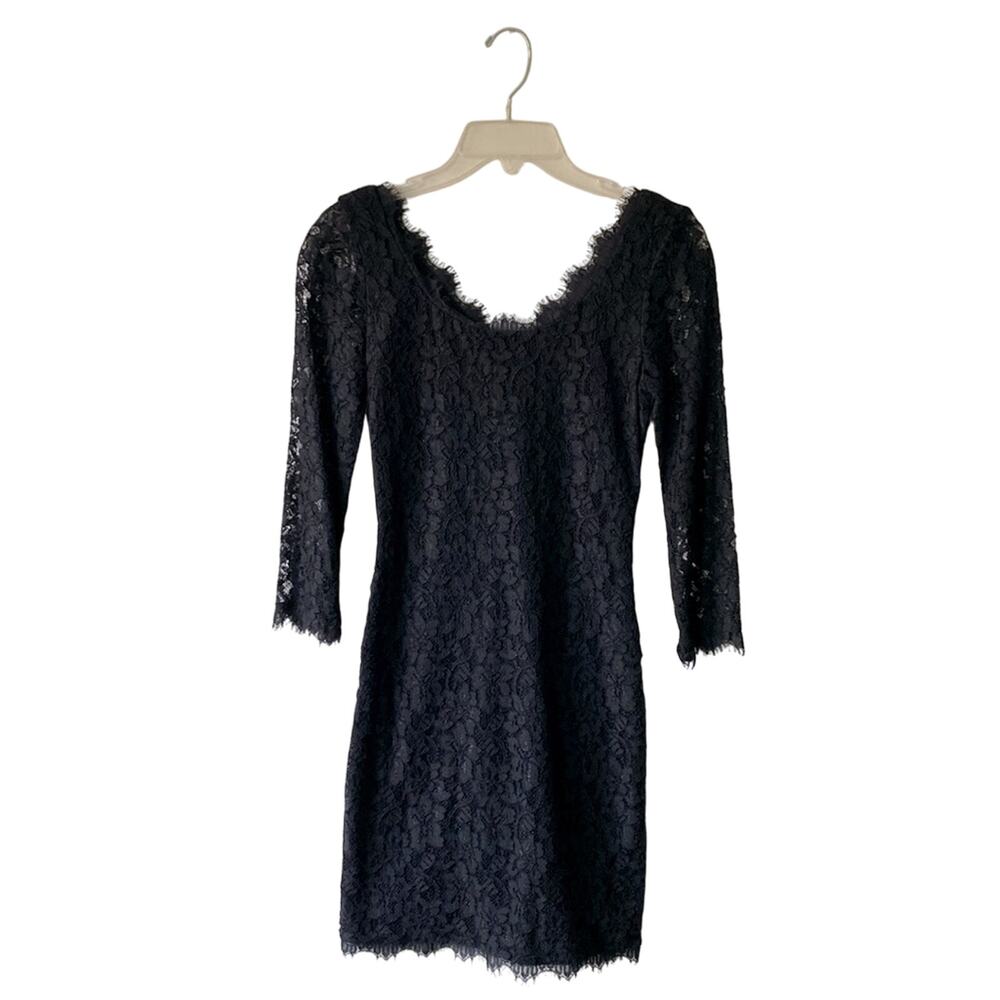DIANE VON FURSTENBERG Dress Womens Sz 0 Black Lace Romantic Cocktail LBD
